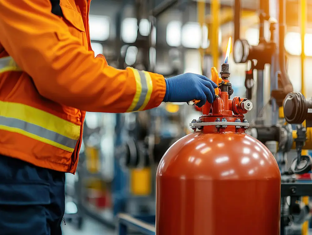 Arbeiter justiert ein Ventil an einer Gasflasche in einer Industrieanlage