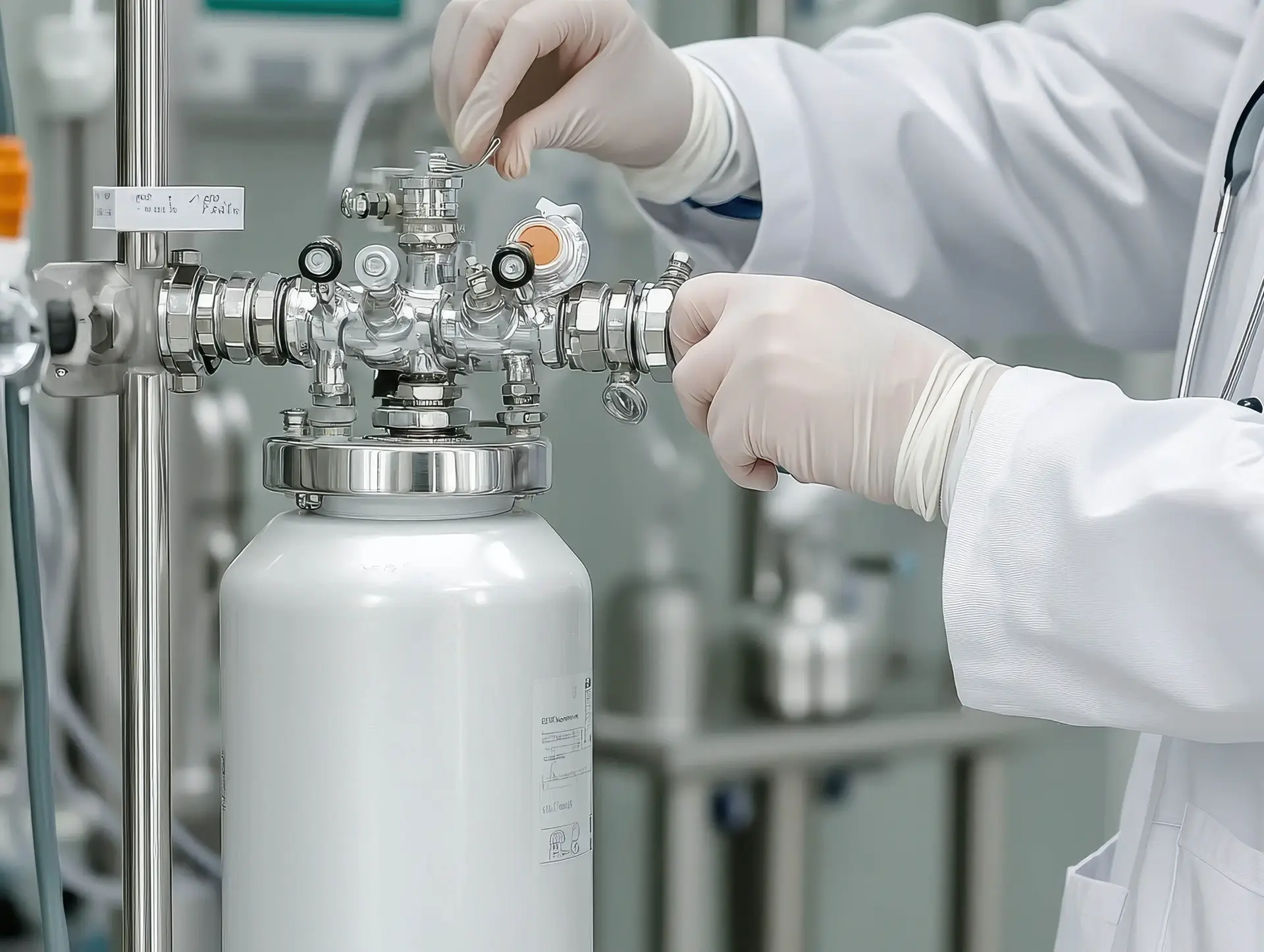 Medizinisches Fachpersonal, bedient eine Gasflasche in einem Labor.