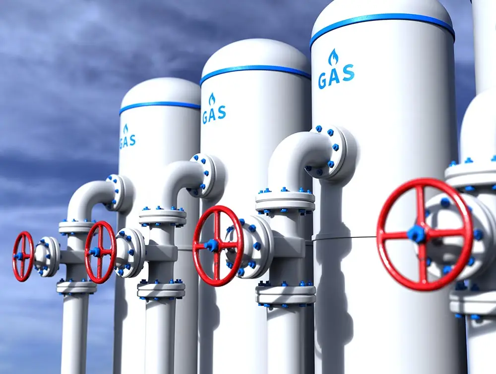 3D Illustartion von weißen Flüssiggas Tanks mit roten Ventil.